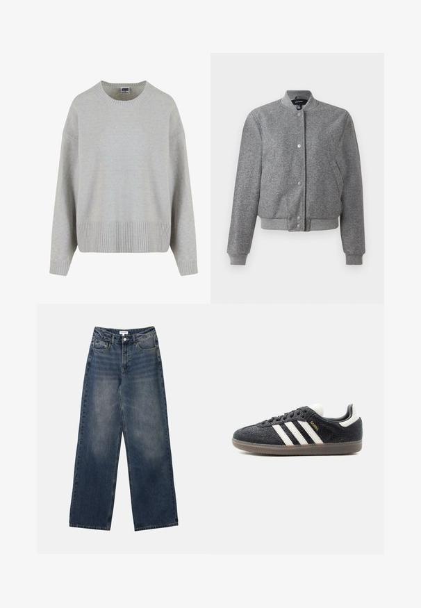 Veste bomber grise avec un col côtelé, fermeture à boutons-pression et deux poches latérales. Fabriquée dans un tissu texturé avec des poignets et un ourlet élastiques.; Pull en maille gris clair avec un col rond, des épaules tombantes et un ourlet côtelé. Texture douce et coupe décontractée.; Jeans en denim bleu taille haute pour hommes, avec jambes larges, bouton et fermeture éclair à l'avant, ainsi que poches avant et arrière.; Baskets Adidas Samba noires avec des bandes blanches, semelle en gomme et texte doré "Samba" sur le côté, vues de profil gauche sur fond uni.