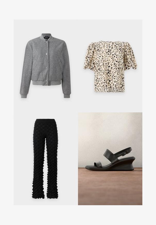 Grå bomberjakke med ribbet krave, trykknaplukning og to sidelommer. Lavet af et tekstureret stof med elastiske manchetter og kant.; Kortærmet, beige bluse med leopardprint. Stoffet har en glat tekstur, med let puffede ærmer og en firkantet pasform.; Sorte, strukturerede bukser med bred benvidde og ribbede detaljer i taljen, der har et tredimensionelt, pigget overflademønster overalt.; Sort åben tå-sandal med to remme og en justerbar ankelspænde, vist svævende over en grå overflade mod en sløret grøn baggrund.