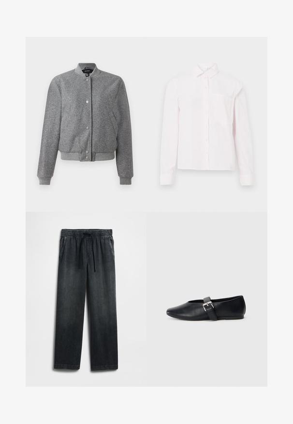Graue Bomberjacke mit geripptem Kragen, Druckknopfverschluss und zwei Seitentaschen. Hergestellt aus einem strukturierten Stoff mit elastischen Bündchen und Saum.; Helles rosa Langarm-Hemd mit Knopfleiste, Kragen und einer einzelnen Brusttasche, vor einem weißen Hintergrund präsentiert.; Schwarze Jeanshose mit einem elastischen Bund und Kordelzug, weitem Bein und dezentem Used-Effekt. Mit zwei Seitentaschen.; Schwarze Lederflachschuhe mit einem runden Zehendesign, ausgestattet mit einem seitlichen Schnallenriemen und einer glatten Textur. Niedrigprofilsohle für einen bequemen Tragekomfort.