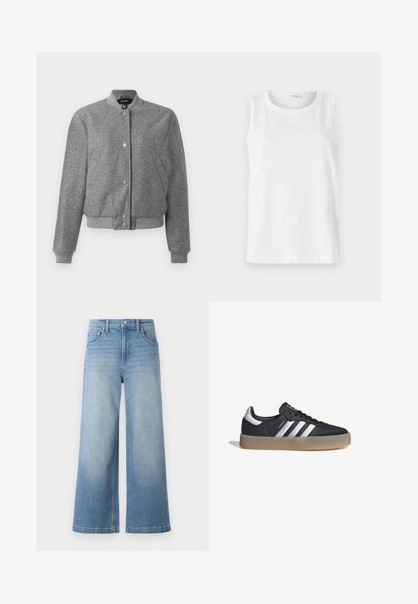 Chaqueta bomber gris con collar de canalé, cierre de botones a presión y dos bolsillos laterales. Fabricada con una tela texturizada con puños y dobladillo elásticos.; Top sin mangas blanco hecho de algodón suave. Presenta un escote redondo y un corte recto. Diseño liso sin patrones o acentos visibles.; Jeans de mezclilla de tiro alto de denim azul claro con corte ancho, diseño de cinco bolsillos, costuras visibles y cierre de botón en la parte delantera.; Zapatilla deportiva de cuero negro con tres rayas plateadas, punta texturizada y suela de goma. Cuenta con un collar acolchado y un diseño con cordones.
