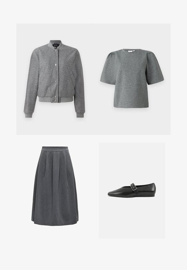 Veste bomber grise avec un col côtelé, fermeture à boutons-pression et deux poches latérales. Fabriquée dans un tissu texturé avec des poignets et un ourlet élastiques.; Haut gris à manches courtes en tissu doux, avec un col rond et des manches légèrement bouffantes pour ajouter du volume. Texture lisse sans motifs.; Jupe plissée gris foncé de longueur moyenne avec une taille ajustée, conçue pour un usage décontracté ou professionnel.; Chaussure plate en cuir noir avec un orteil pointu, présentant une sangle à boucle métallique sur le cou-de-pied et une semelle basse et flexible.