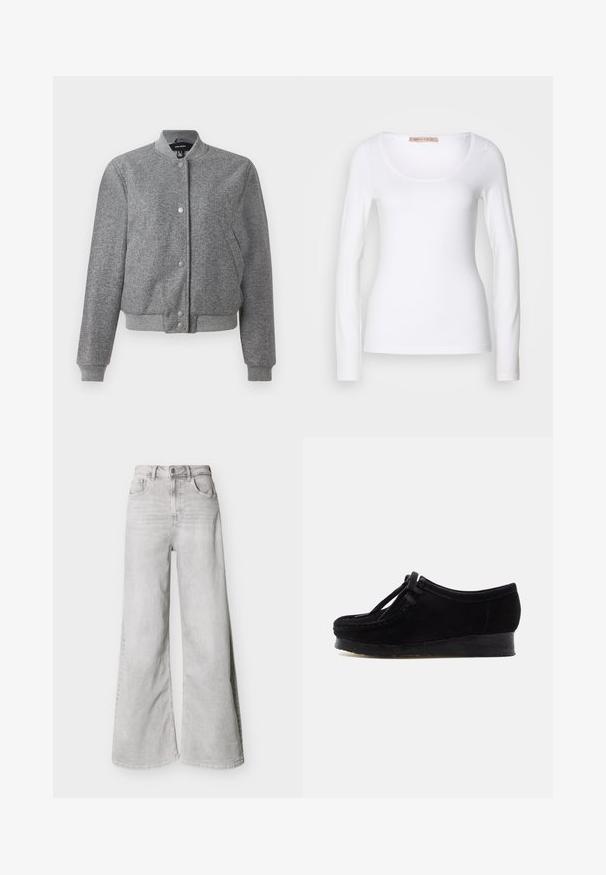 Chaqueta bomber gris con collar de canalé, cierre de botones a presión y dos bolsillos laterales. Fabricada con una tela texturizada con puños y dobladillo elásticos.; Camiseta de algodón blanca de manga larga con escote redondeado y un diseño ajustado, de textura suave y sin adornos.; Jeans de pierna ancha color gris claro hechos de mezclilla, con cintura alta, bolsillos delanteros y cierre de botones. Textura suave con un aspecto ligeramente desvanecido.; Zapato de ante negro con puntera redondeada, costura en el borde y detalle de cordones. Presenta una suela de goma tipo cuña baja para mayor comodidad.