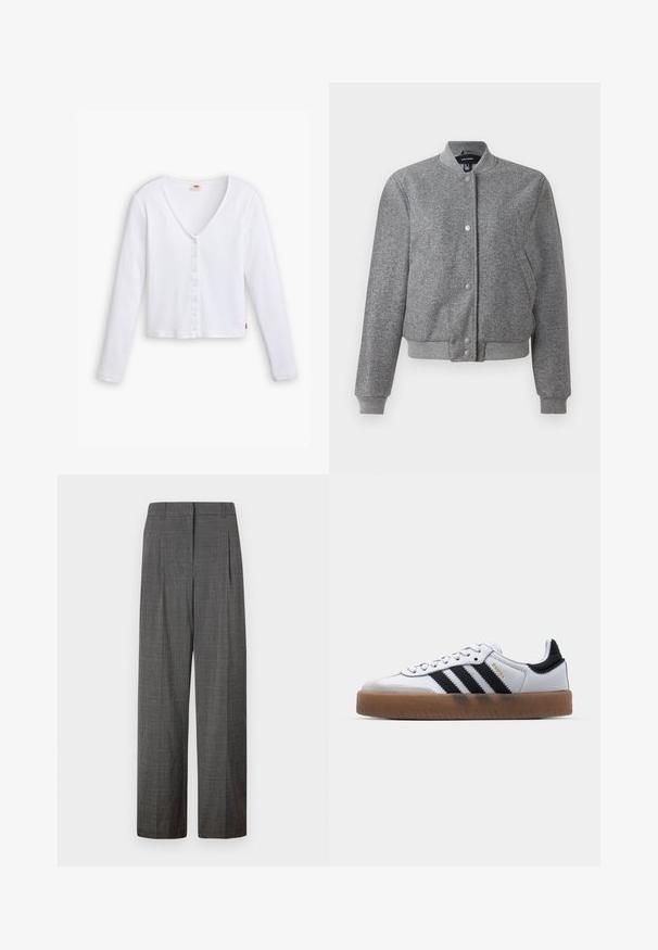 Veste bomber grise avec un col côtelé, fermeture à boutons-pression et deux poches latérales. Fabriquée dans un tissu texturé avec des poignets et un ourlet élastiques.; Chemise blanche à manches longues en tissu côtelé, avec un décolleté en V, un bouton sur le devant et un ourlet droit. Elle présente une petite étiquette de marque sur le côté inférieur.; Vero Moda VMSIKITA WIDE DAD PANT - Pantalon classique - medium grey/black; Baskets en cuir blanc avec des rayures noires, semelle extérieure en caoutchouc beige, bout rond, fermeture lacée et embout en suède gris doux.