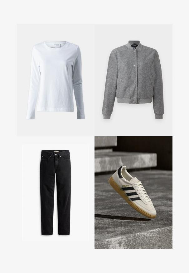 Chaqueta bomber gris con collar de canalé, cierre de botones a presión y dos bolsillos laterales. Fabricada con una tela texturizada con puños y dobladillo elásticos.; Camiseta blanca de manga larga hecha de algodón suave. Presenta un cuello redondo y mangas ajustadas. Textura suave con un diseño liso.; Jeans negros de pierna recta con cierre de botones y cremallera, pasadores para cinturón y bolsillos delanteros y traseros, exhibidos de forma plana sobre un fondo blanco.; Zapatilla blanca Adidas Spezial con rayas negras y suela de goma flotando sobre escalones de piedra grises al aire libre.