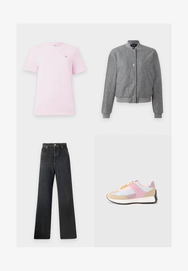 Chaqueta bomber gris con collar de canalé, cierre de botones a presión y dos bolsillos laterales. Fabricada con una tela texturizada con puños y dobladillo elásticos.; Camiseta de algodón de algodón de manga corta en color rosa claro, con un pequeño gráfico de cara sonriente redonda en el lado izquierdo del pecho. Textura suave y corte estándar.; Vaqueros negros de pierna ancha con cintura alta, cierre de botón, cinco bolsillos y un sutil desgaste en la textura de la tela.; Zapatillas deportivas con una combinación de ante beige, rosa y azul claro, y malla. Cuentan con una entresuela blanca y una suela exterior de goma negra y texturizada.