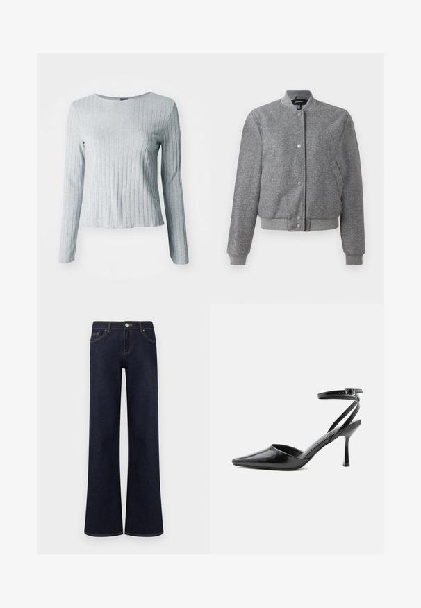 Veste bomber grise avec un col côtelé, fermeture à boutons-pression et deux poches latérales. Fabriquée dans un tissu texturé avec des poignets et un ourlet élastiques.; Haut à manches longues gris côtelé avec un col rond, fabriqué en tissu doux et texturé ; présente un ourlet légèrement évasé pour un ajustement décontracté.; Jean en denim bleu foncé à jambes larges avec poches avant, fermeture par bouton et fermeture éclair, et coutures contrastantes visibles.; Escarpin noir à bout pointu avec fines brides de cheville et fermeture à boucle argentée sur fond clair uni.