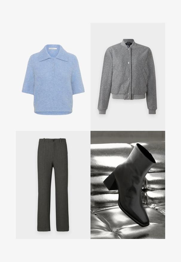 Chaqueta bomber gris con collar de canalé, cierre de botones a presión y dos bolsillos laterales. Fabricada con una tela texturizada con puños y dobladillo elásticos.; Top de punto de manga corta en azul claro, con cuello y tapeta de cinco botones. Textura suave con un corte ligeramente cuadrado y dobladillo acanalado.; Pantalones grises con una textura lisa, diseño de pierna recta y un sutil patrón de cuadros. Cuentan con cierre de botón y trabillas para cinturón.; Botín negro de tobillo hecho de material brillante, con punta cuadrada y tacón cónico, contra un fondo plateado brillante con almohadillado.