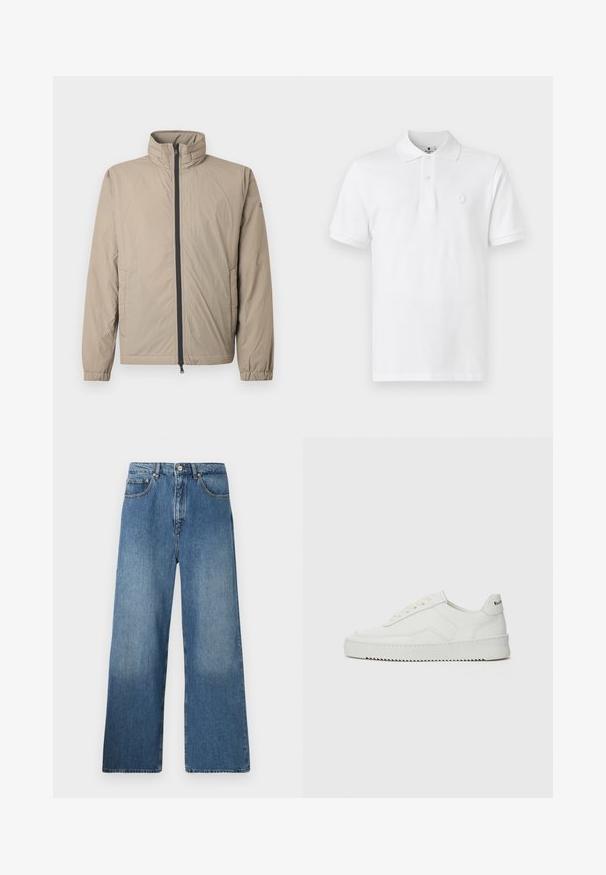 Lichtgewicht, beige jas met een hoge kraag, rits aan de voorkant, elastische manchetten en zijzakken. Glad, gestructureerd materiaal met minimale stiksels.; Witte poloshirt van katoen, met een klassieke kraag, korte mouwen en een subtiele geborduurde logo op de borst.; Lange blauwe denim jeans met een klassiek vijf-pocket ontwerp, voor sluiting met een knoop en een lichte vervaging voor textuur.; Witte leren sneaker met een gladde afwerking, ronde neus, platte veters en een gestructureerde zool. Kenmerkt zich door een subtiel logo op de hiel.