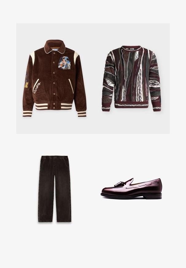 Bruine corduroy jas met crèmekleurige strepen op de boorden en zoom, knoopsluiting, portretgrafiek op de borst, KIDSUPER tekst aan de linkerkant.; Gebreide trui met lange mouwen met meerkleurige verticale patronen in bordeaux, zwart, wit en grijs, met gestructureerde en geribde details.; Donkerbruine ribfluwelen broek met elastische tailleband en rechte pijpen, plat uitgestald op een witte achtergrond.; Bruine lederen loafers met een glanzende afwerking, voorzien van een opvallende decoratieve gesp en stiksels langs de zijkanten, en een ronde neus.