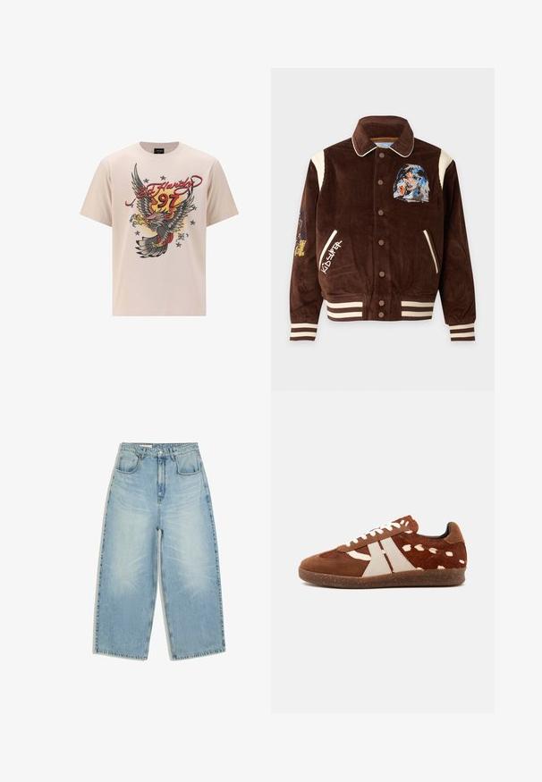 Brun kordfløjlsjakke med cremefarvede striber på manchetter og kant, knappelukning, portrætgrafik på brystet, KIDSUPER-tekst på venstre side.; Beige bomulds t-shirt med et stort ørnergrafik med røde og gule accenter, "Ed Hardy" tekst og stjerner i et struktureret printdesign.; Lyseblå højttaljede denimjeans med vide ben, forlommer, bæltestropper samt knap- og lynlås lukning.; Brun og hvid plettet lavtop-sneaker med hvide snørebånd, beige sidestriber og en tekstureret brun gummisål.