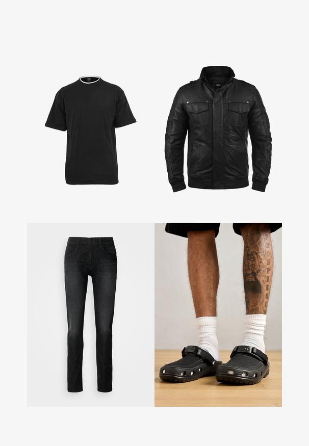 Chaqueta de cuero negra con cremallera frontal, dos bolsillos en el pecho, bolsillos laterales, puños acanalados y un diseño texturizado. El cuello es alto y acanalado.; Camiseta negra de manga corta con cuello redondo y ribete blanco en el borde del cuello y las mangas, mostrada contra un fondo blanco.; Vaqueros de mezclilla negra con corte recto, que cuentan con cinco bolsillos, cierre de botón y una textura de tela sutil. Sin desgastes o patrones visibles.; Zuecos negros con parte superior texturizada, correa ajustable y agujeros de ventilación, combinados con calcetines blancos de caña media y pantalones cortos por encima de la rodilla.