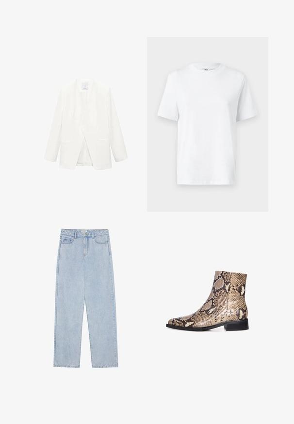 Witte blazer met een V-halsontwerp, lange mouwen, twee frontzakken en een gladde textuur. Geen zichtbare sluitingen of patronen.; Witte katoenen T-shirt met ronde hals, korte mouwen en een gladde textuur. Ontworpen met een comfortabele en veelzijdige relaxte pasvorm.; Lichtblauwe, high-waisted denim jeans met een straight-leg snit, vijf zakken en zichtbare stiksels. Het materiaal heeft een klassieke wassing.; Schoen van slangenleer tot de enkel met een puntige neus, met een glanzende afwerking, neutrale beige en bruine kleuren, lage zwarte hak en een gestructureerd patroon.