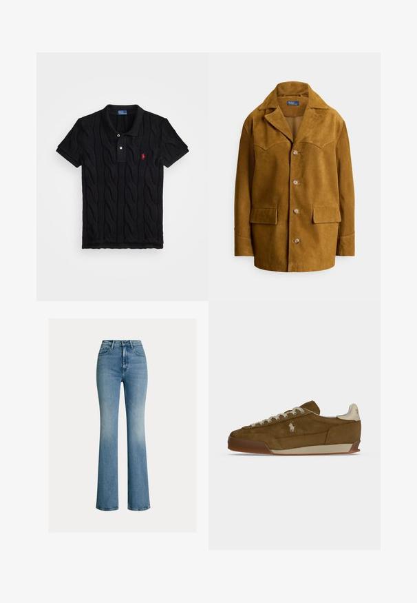 Brun ruskindsjakke med bred krave, fire knapper foran og to klaplommer ved taljen.; Sort strikket polo shirt med kabelmønster, kortærmet, og en kontrasterende sort krave. Har tre knapper og rødt logo-detalje.; Blå cowboybukser med høj talje, forlommer, bæltestropper og en let flared kant.; Brun ruskind sneaker med cremefarvede snørebånd, tyk sål og et lille hvidt broderet logo på siden.