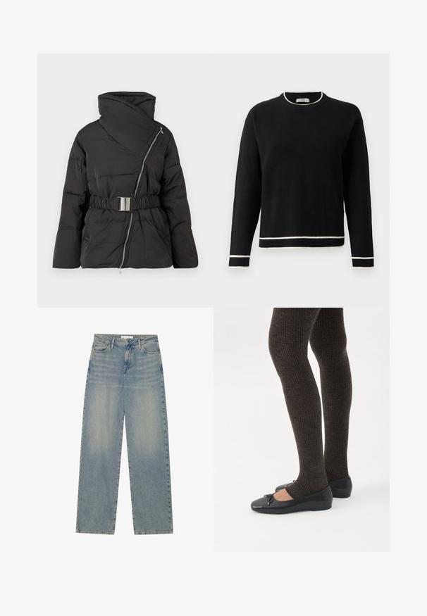 Sort polstret jakke med omslagdesign, høj krave, sidelukning med lynlås og en bælte i taljen. Den har stitch-detaljer og brede ærmer.; Sort langærmet crewneck sweater med hvid kant ved kraven, manchetterne og kanten, vist på en ensfarvet hvid baggrund.; Lyseblå højtaljede lige ben jeans i denim med forlommer, bæltestropper og synlig knap- og lynlåslukning.; Ben iført mørke ribbede leggings kombineret med sorte balletsko med små sløjfedetaljer på hvid baggrund.