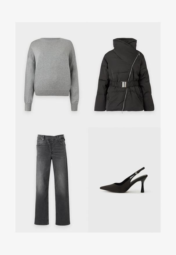 Veste rembourrée noire avec un design enroulé, col haut, fermeture éclair sur le côté et taille ceinturée. Caractéristiques de détails cousus et manches larges.; Pull en tricot gris clair à manches longues, col rond côtelé, poignets et ourlet côtelés, présenté sur un fond blanc.; Jeans en denim gris foncé avec une coupe droite, un design à cinq poches et un léger décoloration. Couture renforcée et détails en métal.; Chaussures à talons noires avec une bride, à bout pointu, finition mate lisse et talon fin brillant. Sangle ajustable avec petit détail de boucle.