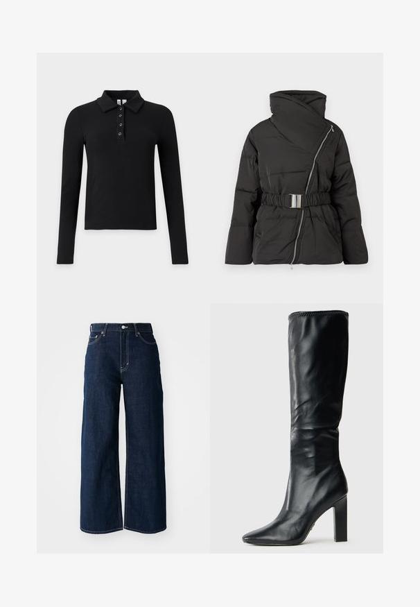 Chaqueta acolchada negra con un diseño envolvente, cuello alto, cierre lateral y cintura ceñida con cinturón. Presenta detalles cosidos y mangas anchas.; Polo negro de manga larga con canalé, cuello y cuatro botones de ojal metálicos en la tapeta.; Vaqueros de mezclilla oscuros de pierna ancha con costuras de contraste, diseño de cinco bolsillos y cierre de botón en la cintura.; Botas de cuero negras hasta la rodilla con un diseño elegante, punta afilada y tacón cuadrado alto, que presentan una textura suave y un borde superior cosido.