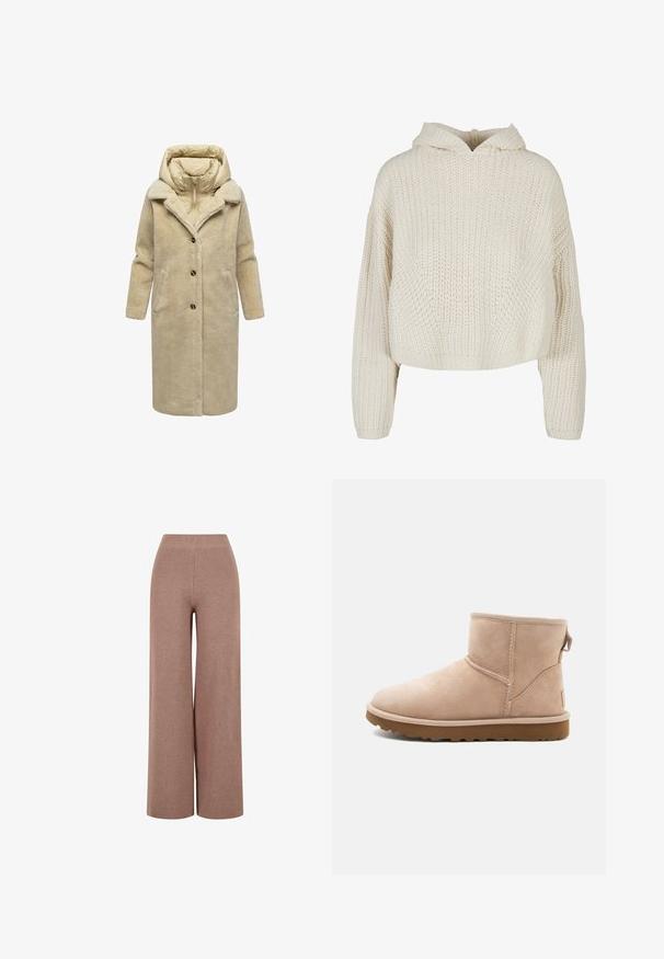 Beige nepleerjas met een afneembare dons capuchon, lange mouwen, twee voorkruine zakken en donkere knopen. Zachte textuur en middellange snit.; Crème-kleurige gebreide hoodie met een losse pasvorm, geribde zoom en oversized mouwen. Heeft een brede halslijn en een subtiele textuur overal.; Bruine, wijde gebreide broeken van textuurstof, met een elastische tailleband en een losse pasvorm voor comfort.; Beige suède enkellaars met een ronde neus, gestikte accenten en een gestructureerde bruine rubberen zool. Beschikt over een trekband aan de achterkant.