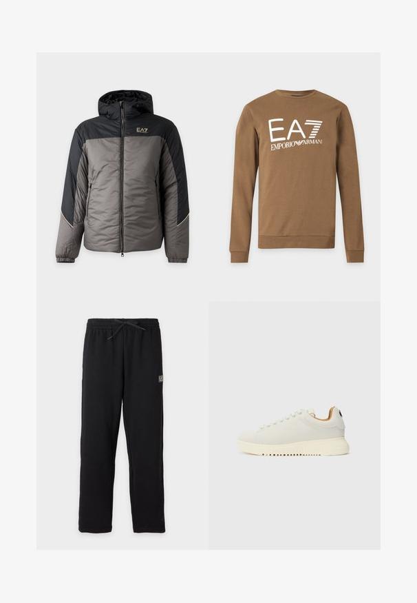 Pánska prešívaná bunda s kapucňou v sivej a čiernej farbe so zipsom vpredu a logom EA7 Emporio Armani na hrudi.; Hnedá mikina s dlhým rukávom s bielym logom "EA7 Emporio Armani" potlačeným na prednej strane, s okrúhlym výstrihom a rebrovanými manžetami.; Čierne tepláky s elastickým pásom a šnúrkou, s malou obdĺžnikovou nášivkou s logom EA7 na hornej ľavej stehne.; Biele tenisky s hladkým koženým zvrškom, hrubou krémovou gumovou podrážkou a jemným šitím. Minimalistický dizajn s okrúhlou špicou a šnurovacím systémom.