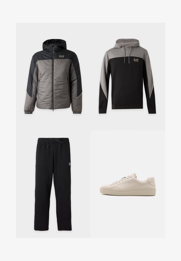 Gesteppte herenjas met capuchon in grijs en zwart, met ritssluiting aan de voorkant en EA7 Emporio Armani-logo op de borst.; Hoodie met zwarte en grijze kleurvlakken, lange mouwen, koordjes en EA7 Emporio Armani-logo op de borst.; Zwarte joggingbroek met elastische tailleband en trekkoord, met een kleine rechthoekige EA7-logo patch op de bovenkant van de linker dij.; Beige leren sneakers met een gladde afwerking, ronde neus, platte zool en klassiek vetersluiting ontwerp. Subtiele stiksels en een gestructureerde buitenzool.