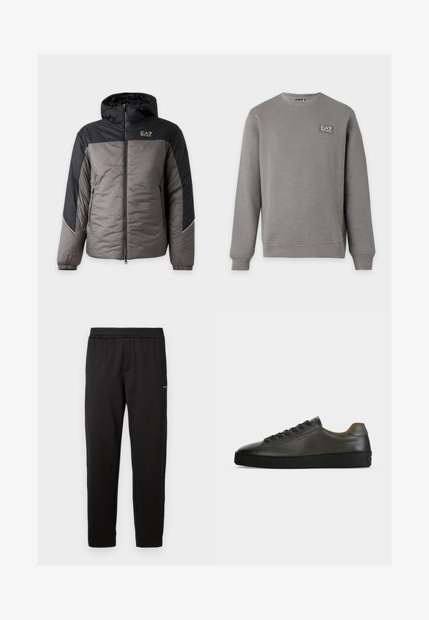 Veste matelassée à capuche pour homme en gris et noir avec fermeture éclair devant et logo EA7 Emporio Armani sur la poitrine.; Sweat-shirt gris à manches longues avec col rond, poignets et ourlet côtelés, comportant un petit patch logo EA7 Emporio Armani sur la partie supérieure gauche de la poitrine.; Pantalon de sport noir en tissu doux. Taille élastique et poignets élastiques. Présente un petit logo sur le côté. Coupe droite.; Basket basse en cuir gris foncé avec lacets et semelle noirs, design minimaliste, profil latéral sur un fond clair uni.