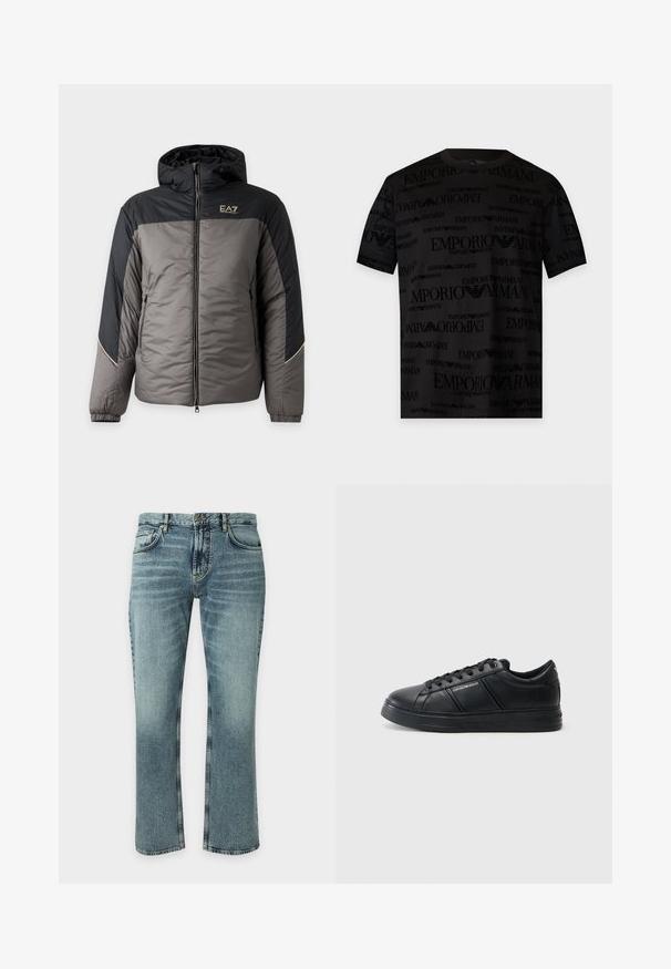 Pánska prešívaná bunda s kapucňou v sivej a čiernej farbe so zipsom vpredu a logom EA7 Emporio Armani na hrudi.; Čierne tričko s krátkym rukávom s opakujúcimi sa logami a textom Emporio Armani v rôznych orientáciách na látke.; Modré džínsy z denimu s mierne vyblednutým vzhľadom, klasický štýl s piatimi vreckami, zapínanie na gombíky a rovný strih nohavíc na jednofarebnom pozadí.; Čierne kožené tenisky so hladkým povrchom, zaoblenou špičkou, viazaním vpredu, polstrovaným golierom a textúrovanými bočnými akcentmi. Viditeľný jemný detail loga.