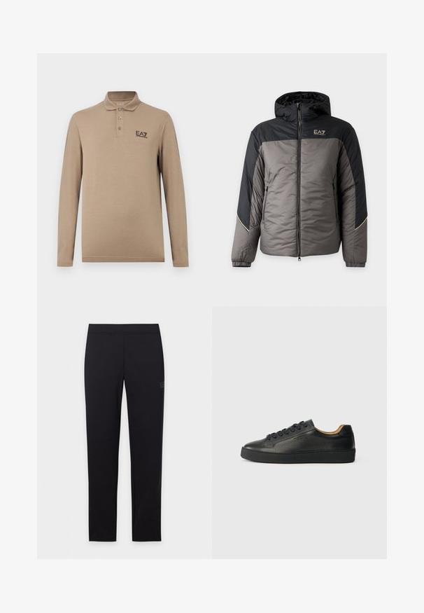 Veste matelassée à capuche pour homme en gris et noir avec fermeture éclair devant et logo EA7 Emporio Armani sur la poitrine.; Polo beige à manches longues avec trois boutons et un petit logo noir "EA7 Emporio Armani" sur le côté gauche de la poitrine.; Legging noir slim avec ceinture élastique, présenté à plat sur un fond blanc.; Baskets basses en cuir noir avec surface texturée, lacets noirs et semelle en caoutchouc épaisse, présentées de côté sur un fond clair.