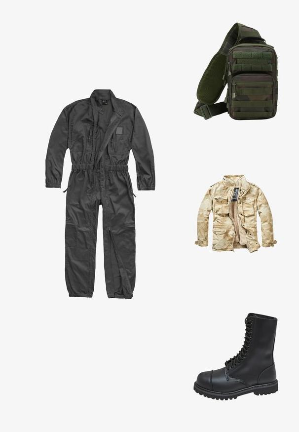 Veste beige à motif camouflage avec un intérieur en peluche, plusieurs poches avant, fermeture éclair et col montant. Fabriquée en tissu mélangé coton.; Combinaison noire à manches longues avec fermeture éclair frontale, taille et poignets élastiques, plusieurs poches zippées et col montant avec bouton-pression.; Botte de combat en cuir noir avec un haut tige, fermeture lacée à l'avant, col rembourré et semelle texturée robuste pour une meilleure adhérence. Dotée d'un capuchon de protection renforcé.; Sac à dos en bandoulière camouflage vert avec plusieurs poches zippées, une sangle réglable et un panneau arrière en mesh pour la ventilation.