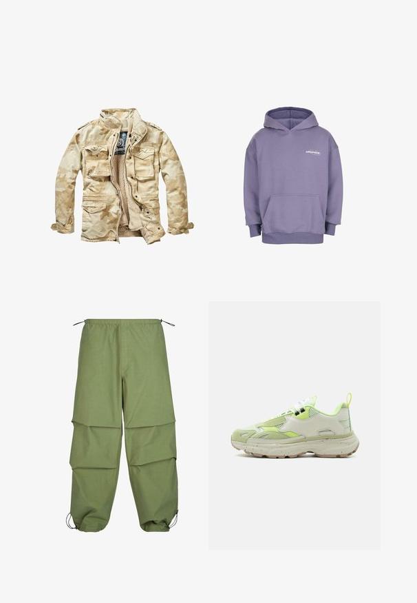 Beige jakke med camouflagemønster, blødt indre, flere frontlommer, lynlås og opretstående krave. Fremstillet af en bomuldsblanding.; Lilla hættetrøje med frontlomme og "DROPSIZE" logo på venstre bryst, der har ribbede manchetter og kant.; Letvægts, olivengrøn cargo-bukser med elastisk talje, lagdelt design og snorelukning ved æblekanten. Lavet af glat, holdbart stof.; Lavtop atletisk sneaker med chunky sål, beige og lysegrøn mesh og ruskindspaneler, hvide snørebånd og trækstrop bag på hælen.