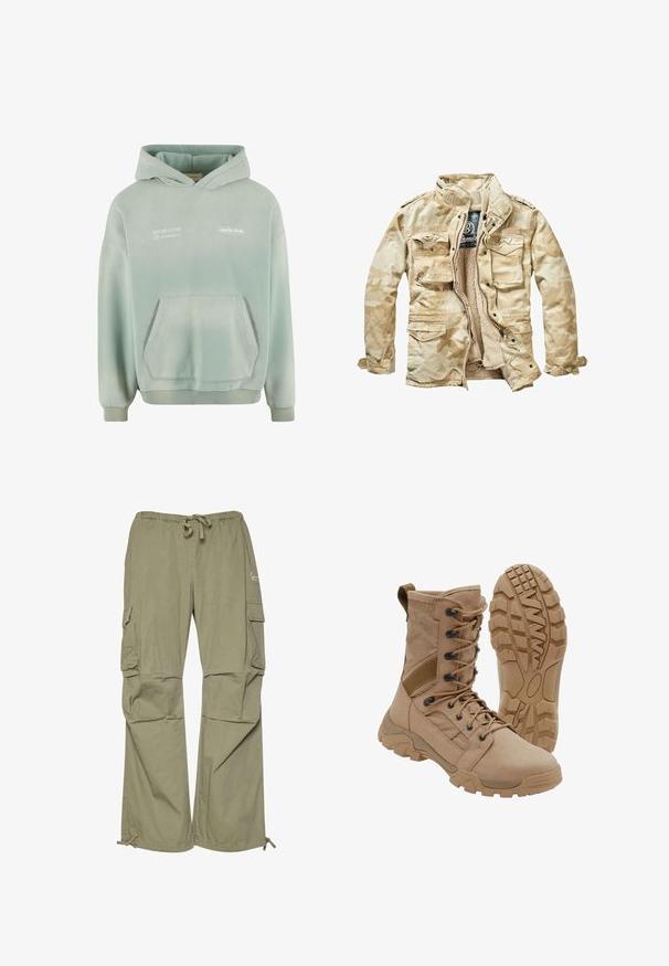 Beige jakke med camouflagemønster, blødt indre, flere frontlommer, lynlås og opretstående krave. Fremstillet af en bomuldsblanding.; Lys grøn hættetrøje med en lomme foran, ribbede manchetter og kant. Har hvidt trykt tekst på forsiden og en blød, struktureret overflade.; Cargo bukser i olivengrøn, lavet af let stof, med elastisk talje, justerbare manchetter og flere sidelommer.; Brun taktisk støvle med snørelukning i ankellængde og robust gummisål, en støvle står oprejst og den anden viser slidbanemønster.