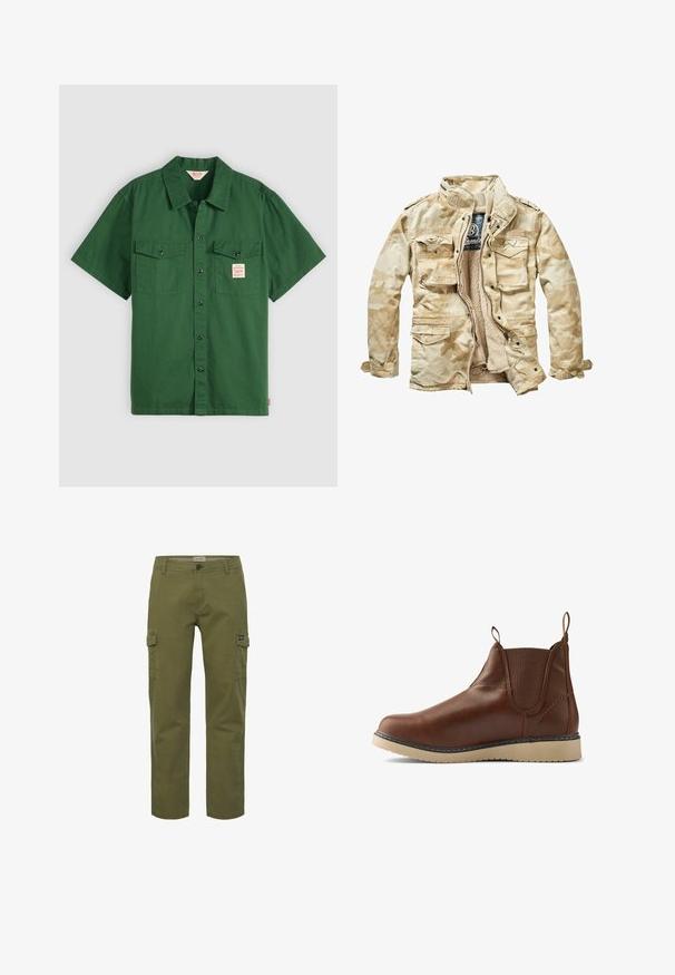 Beige jack met camouflagepatroon, een zachte voering, meerdere voorke pocketen, een ritssluiting en een opstaande kraag. Gemaakt van een katoenmix.; Korte mouwen groene katoenen shirt met knoopsluiting, twee borstzakken en een klein label op de linkse zak. Effen, geen patronen.; Cargo broek in olijfgroen, met een rechte snit, voor- en zijzakken, en een knoopsluiting. Gemaakt van stevige katoen.; Bruine leren enkelboot met elastische zijkanten, trekbandjes en een crèmewitte rubberen zool. Glad oppervlak met contrasterende stikdetails.