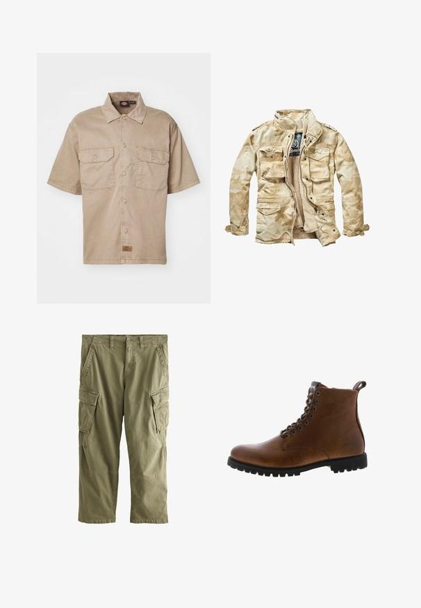 Chaqueta beige con patrón de camuflaje y un interior suave, múltiples bolsillos frontales, cierre con cremallera y cuello alzado. Confeccionada en una mezcla de algodón.; Camisa de manga corta, color beige, de algodón, con cierre de botones en el frente, dos bolsillos en el pecho y una pequeña etiqueta de marca en la parte inferior.; Pantalones cargo verdes con bolsillos delanteros, bolsillos laterales con solapas, trabillas para cinturón y cierre con botón en la cintura.; Botas de cuero marrón hasta el tobillo con acabado texturizado, ojales de metal y suela de goma negra con protuberancias. Presenta una lengüeta en la parte posterior para facilitar su uso.