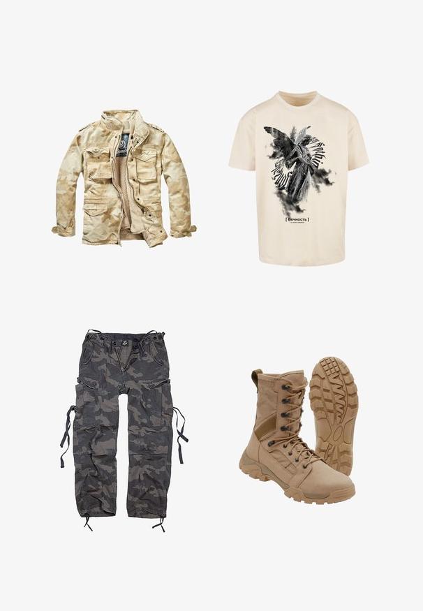 Veste beige à motif camouflage avec un intérieur en peluche, plusieurs poches avant, fermeture éclair et col montant. Fabriquée en tissu mélangé coton.; T-shirt en coton beige avec un graphique noir et blanc d'un ange entouré de texte en spirale et de nuages, avec "Вечность" affiché en évidence.; Pantalons cargo camouflage dans des tons de gris et de noir, fabriqués à partir d'un tissu avec une surface légèrement texturée. Présente plusieurs poches et des liens à l'ourlet.; Botte tactique beige avec un lacet montant à la cheville et une semelle en caoutchouc robuste, une botte debout et une montrant le motif de la semelle.