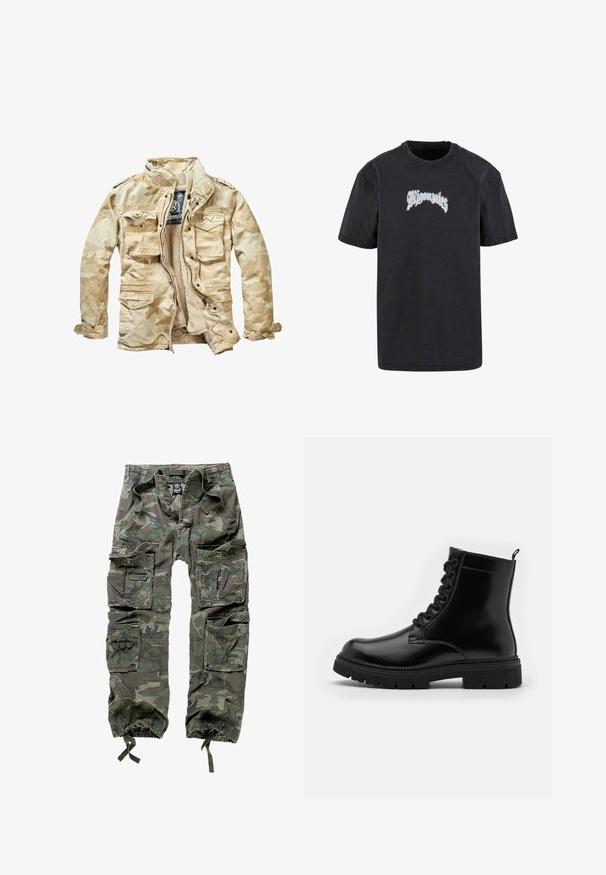 Beige jakke med camouflagemønster, blødt indre, flere frontlommer, lynlås og opretstående krave. Fremstillet af en bomuldsblanding.; Sort bomulds t-shirt med rund hals. Har et stiliseret "Gonzales" logo i hvidt over brystet. Korte ærmer, afslappet pasform.; Kamuflerede cargo-bukser lavet af bomuld, med flere lommer, elastiske manchetter og en løs pasform med snøre i taljen.; Sorte læder ankelstøvle med rund tå, snørebånd, tekstureret sål og en løftestrop bagpå for nem påtagning.