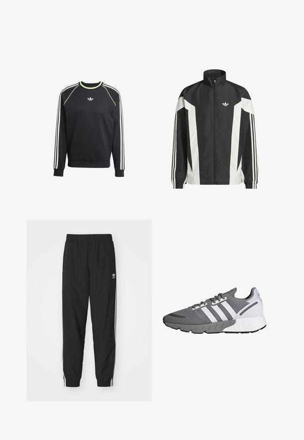 Sort-hvid lynlåsjakke lavet af letvægtsstof, med høj krave, vinkelformede farveblokke og tre striber på hver ærme.; Sort sweatshirt med hvidt tre-stribesdesign på ærmerne og limegrønne detaljer. Har rund halsudskæring og et lille logo på brystet.; Sorte træningsbukser med elastisk talje og manchetter, med hvide sidelister og et lille hvidt Adidas-logo på venstre hofte.; Grå og hvid atletiksko med et netoverdel, tre hvide striber, en polstret sål og en tekstureret grå gummisål.