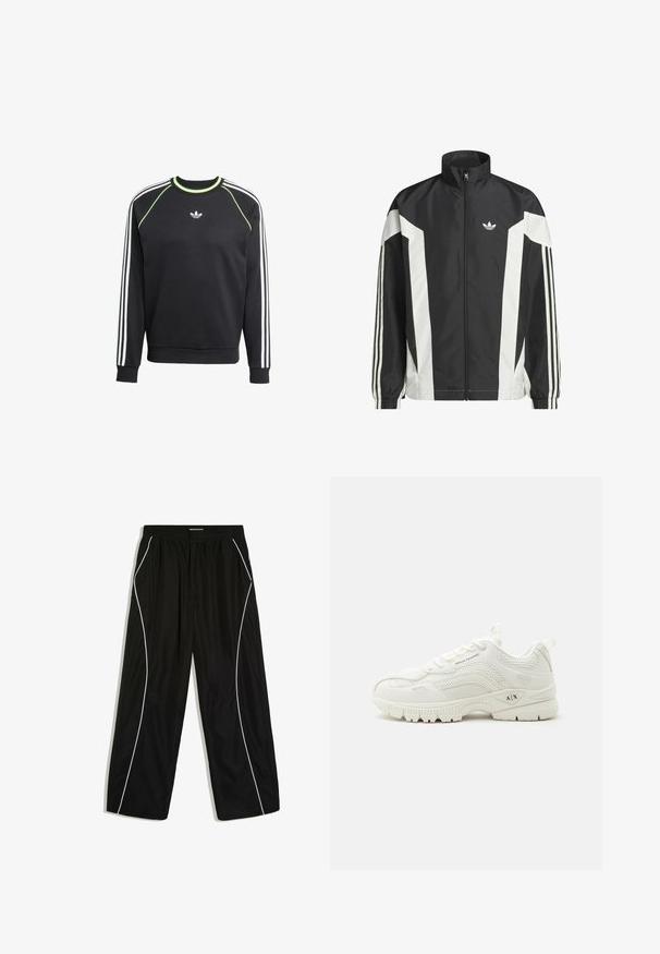 Schwarze und weiße Zip-Jacke aus leichtem Stoff, mit hohem Kragen, eckigen Farbblöcken und drei Streifen an jedem Ärmel.; Schwarzer Sweatshirt mit weißem Dreistreifen-Design an den Ärmeln und limettengrünen Akzenten. Verfügt über einen Rundhalsausschnitt und ein kleines Logo auf der Brust.; Schwarze locker sitzende Trainingshose mit elastischem Bund und weißer geschwungener Paspelierung entlang der Außenseiten jedes Beins.; Weißer Armani Exchange Sneaker mit Mesh- und Lederdetails, Schnürung vorne, geprägt mit "A|X" auf Sohle und seitlichem Panel, niedrig geschnittenes sportliches Design.
