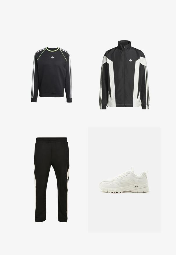 Sort-hvid lynlåsjakke lavet af letvægtsstof, med høj krave, vinkelformede farveblokke og tre striber på hver ærme.; Sort sweatshirt med hvidt tre-stribesdesign på ærmerne og limegrønne detaljer. Har rund halsudskæring og et lille logo på brystet.; Sorte træningsbukser lavet af blødt stof, med sidelommer og en kontrasterende hvid stribe langs de ydre sømme. Elastisk talje inkluderet.; Hvid Armani Exchange sneaker med mesh- og læderdetaljer, snørebånd foran, mærket "A|X" på sålen og sidepanelet, lavt atletisk design.