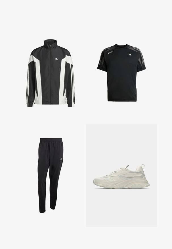 Zwart-witte ritsjack gemaakt van lichtgewicht stof, met een hoge kraag, hoekige kleurblokken en drie strepen op elke mouw.; Zwarte sportieve t-shirt gemaakt van lichtgewicht stof, met mesh schouderpanelen, korte mouwen en witte adidas en F50 logo's.; Zwarte sportbroek gemaakt van lichtgewicht materiaal, voorzien van een elastische tailleband en een klein reliëflogo op het bovenste gedeelte van het linkerbeen.; Stevige witte sneaker met mesh accenten, textuurrubberen zool en afgeronde vorm. Voorzien van minimale branding en een trekkoord aan de hiel.