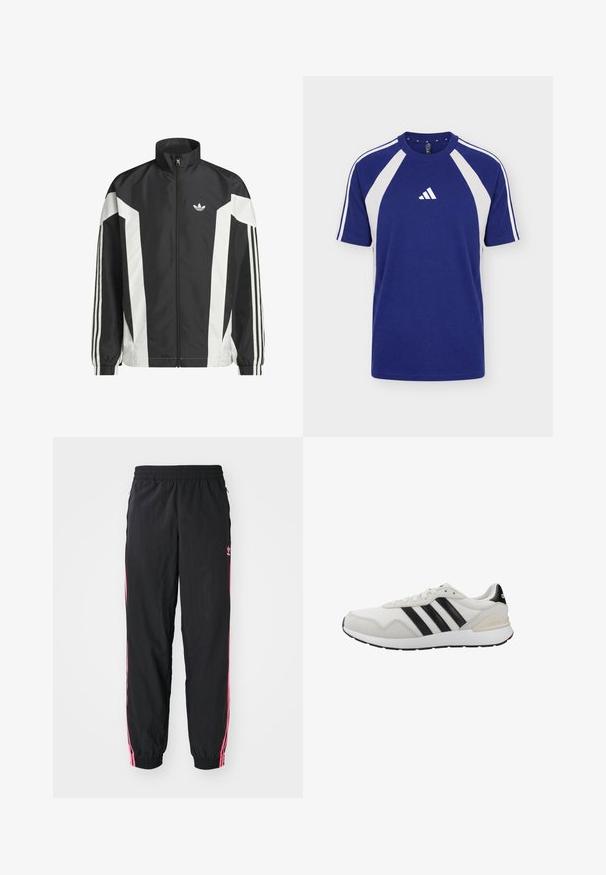 Chaqueta negra y blanca con cremallera, hecha de un tejido ligero, con un alto cuello, bloques de color angulares y tres franjas en cada manga.; Camiseta deportiva azul y blanca de manga corta con cuello redondo y logo de Adidas en el centro delantero.; Pantalones tipo chándal negros con rayas laterales rosas, cinturilla elástica y puños ajustados. Presenta un acabado sutil en la parte izquierda de la pierna. Textura suave.; Zapatillas deportivas blancas con rayas negras. Fabricadas con malla y ante, cuentan con suela de caucho y cuello acolchado para mayor comodidad. Diseño clásico.
