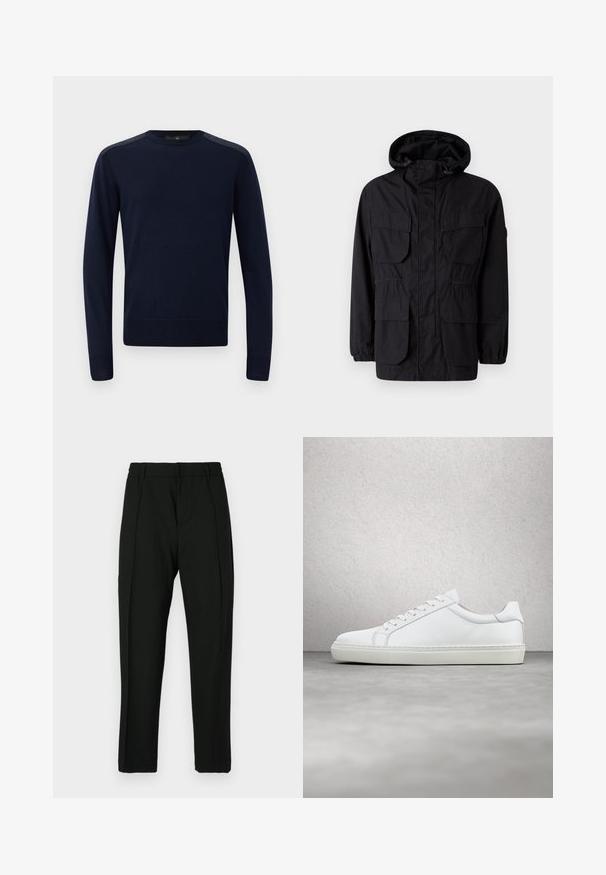 Schwarze Kapuzenjacke aus leichtem Stoff, mit vier Fronttaschen, elastischen Bündchen und einem taillierten Bund für eine anpassbare Passform.; Dunkelblauer Strickpullover mit langen Ärmeln, rundem Hals und gerippten Bündchen. Verfügt über strukturierte Schulterakzente und eine taillierte Silhouette.; Schwarze Hose mit glatter Textur, flachem Bund, zwei vertikalen Falten und schmalem Bein. Elastischer Bund für mehr Komfort.; Weißer Sneaker mit glattem Lederobermaterial und niedrigem Profil. Verfügt über eine runde Zehenpartie, sechs Ösen und eine strukturierte Gummisohle.