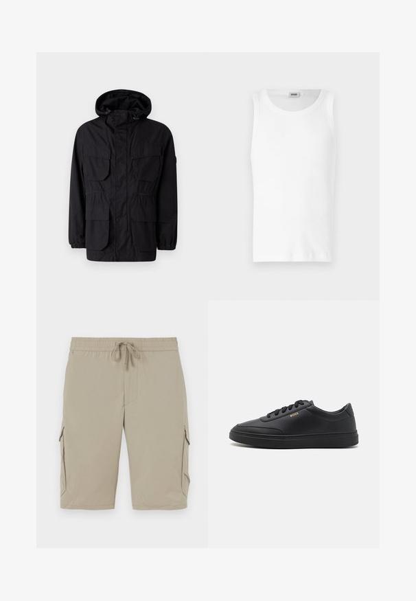 Schwarze Kapuzenjacke aus leichtem Stoff, mit vier Fronttaschen, elastischen Bündchen und einem taillierten Bund für eine anpassbare Passform.; Weißes Baumwoll-Tanktop ohne Ärmel mit Rundhalsausschnitt und glatter Textur. Einfaches Design, ohne Muster oder Akzente.; Beige Cargo-Shorts mit elastischem Bund und Kordelzug. Sie verfügen über Seitentaschen und einen glatten, leichten Stoff.; Schwarze Leder-Sneaker mit glatter Textur, runder Zehenpartie, flacher Gummisohle und einfarbigen Schnürsenkeln. Mit goldfarbenem "BOSS" Logo an der Seite.