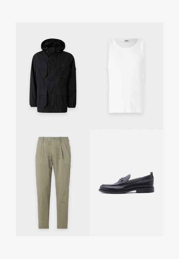 Chaqueta con capucha negra hecha de tejido ligero, que cuenta con cuatro bolsillos frontales, puños elásticos y una cintura ajustada para un ajuste personalizable.; Camiseta sin mangas de algodón blanco con cuello redondo y una textura suave. Diseño sencillo, sin patrones ni acentos.; Pantalones verde claro, ajustados y de tiro recto, hechos de una tela texturizada, con cierre de botón, frente con pliegues y bolsillos laterales.; Mocasín de cuero negro con empeine gris texturizado, detalle de hebilla metálica plateada, tacón bajo y lengüeta para tirar en la parte trasera.