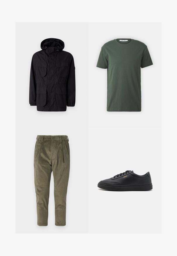Sort hættetrøje lavet af letvægtsstof, med fire frontlommer, elastiske manchetter og en indsnævret talje for justerbar pasform.; Mørkegrøn bomulds T-shirt, korte ærmer, rund hals, afslappet pasform, ensfarvet design og glat tekstur uden synlige mønstre eller detaljer.; Olivengrønne fløjlsbukser med afslappet pasform, der har folder, elastisk talje og tapered ben. Struktureret stof med lodrette ribber.; Sorte lædersneakers med en glat overflade, rund tå, flad gummisål og tonede snørebånd. Udstyret med guld "BOSS" branding på siden.