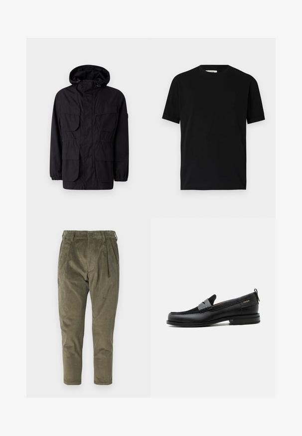 Sort hættetrøje lavet af letvægtsstof, med fire frontlommer, elastiske manchetter og en indsnævret talje for justerbar pasform.; Sort kortærmet t-shirt lavet af bomuld med rund halsudskæring og løs pasform. Glat tekstur, ingen mønstre eller synlige logoer.; Olivengrønne fløjlsbukser med afslappet pasform, der har folder, elastisk talje og tapered ben. Struktureret stof med lodrette ribber.; Sort læderloafer med grå remdetalje, lav hæl og tekstureret sål, mærket med "HUGO" i guld på siden.