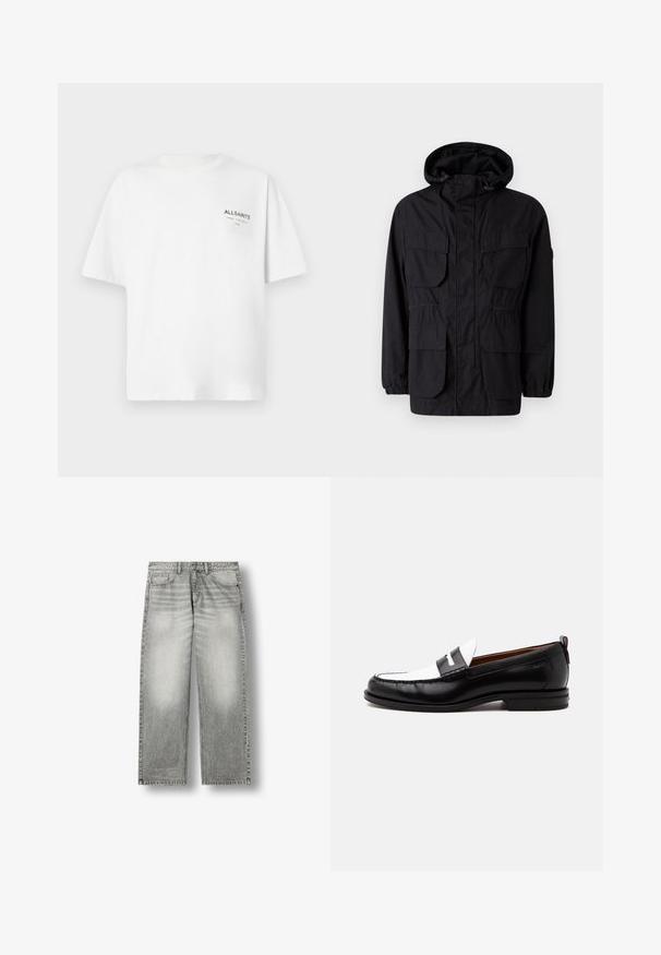 Sort hættetrøje lavet af letvægtsstof, med fire frontlommer, elastiske manchetter og en indsnævret talje for justerbar pasform.; Hvid kortærmet bomulds T-shirt med lille sort "ALLSAINTS" tekst og japanske tegn trykt på venstre bryst.; Gråblegede straight-leg jeans med forlommer, bæltestropper og knaplukning på hvid baggrund.; Sort-hvid læderloafer med syning, lav hæl og slip-on design, vist fra siden på en ensfarvet baggrund.