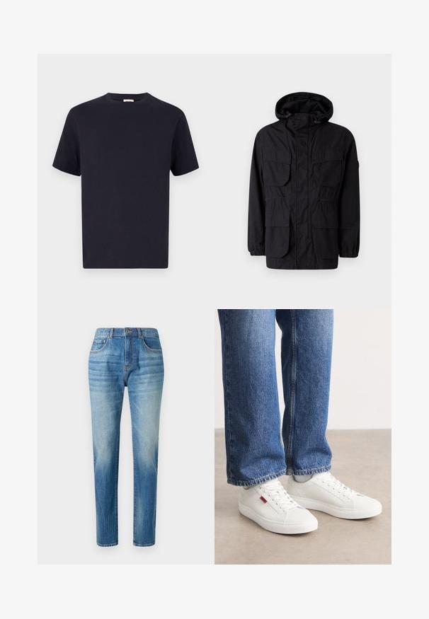 Chaqueta con capucha negra hecha de tejido ligero, que cuenta con cuatro bolsillos frontales, puños elásticos y una cintura ajustada para un ajuste personalizable.; Camiseta de algodón azul marino con escote redondo, manga corta y corte relajado; textura suave; sin patrones o elementos metálicos visibles.; Jeans de mezclilla azul claro, diseño de pierna recta, con una cintura alta, sutil desvanecimiento y un estilo clásico de cinco bolsillos. Cierre de botón de metal.; Zapatillas blancas con una superficie lisa, puntera redonda y suela plana. Acompañadas de jeans de mezclilla azul con un corte recto y costuras visibles.