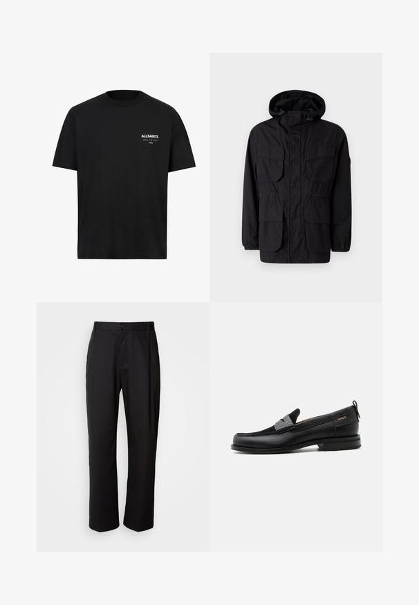 Veste à capuche noire en tissu léger, dotée de quatre poches avant, de poignets élastiques et d'une taille cintrée pour un ajustement réglable.; T-shirt en coton noir à manches courtes et col ras du cou. Présente un texte blanc "ALLSAINTS" et "LONDON" sur la partie gauche de la poitrine.; Pantalon noir à coupe droite, en tissu léger. Il dispose d'une fermeture à bouton sur le devant et de deux poches latérales ; texture lisse.; Mocassin en cuir noir avec détail de bride grise, talon bas et semelle texturée, marqué "HUGO" en or sur le côté.