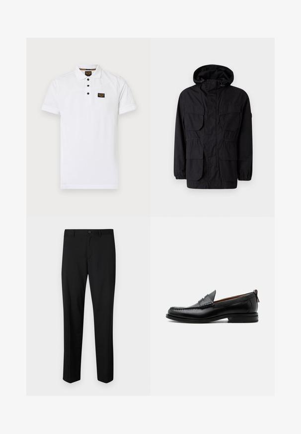 Schwarze Kapuzenjacke aus leichtem Stoff, mit vier Fronttaschen, elastischen Bündchen und einem taillierten Bund für eine anpassbare Passform.; Weißes Poloshirt aus strukturiertem Baumwollstoff, mit einem Drei-Knopf-Verschluss, kurzen Ärmeln und einem schwarzen Logo-Patch auf der Brust.; Schwarze maßgeschneiderte Hose mit flachem Frontschnitt, normaler Taille und geraden Beinen. Hergestellt aus glattem Material, mit einem einzelnen Knopfverschluss.; Schwarzer Leder-Herrenschuh mit Mokassinnaht, Penny-Riemen, strukturiertem Kragen und niedrigem gestapeltem Absatz auf weißem Hintergrund.