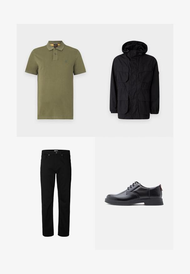 Chaqueta con capucha negra hecha de tejido ligero, que cuenta con cuatro bolsillos frontales, puños elásticos y una cintura ajustada para un ajuste personalizable.; Polo de color verde olivo hecho de algodón, con una abertura de tres botones, mangas cortas y un pequeño parche con el logo en el pecho.; Vaqueros negros de corte recto con cierre de botón y cremallera, pasadores para cinturón y bolsillos delanteros y traseros, mostrados sobre un fondo blanco liso.; Zapatos de piel negra con cordones, textura lisa, puntera redondeada y detalles sutiles de costura. Cuentan con una lengüeta roja en el talón.
