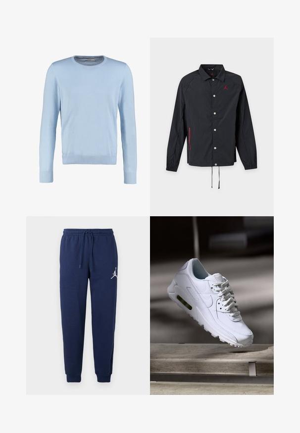 Sort jakke med lange ærmer med trykknapper, krave, rødt logo på brystet, røde lynlåsdetailler på lommerne og snore i kanten.; Lyseblå langærmet sweater med rund halsudskæring. Har en glat tekstur og ribbede manchetter og kant. Klassisk, tætsiddende design.; Marineblå sweatpants lavet af blødt materiale, med snøre i taljen og ribbede manchetter; et hvidt logo er trykt på den øverste venstre ben.; Hvide lædersneakers med teksturerede overflader, polstret krave og synlig luftpolstring i sålen. Har snørrebånd og et minimalistisk design.