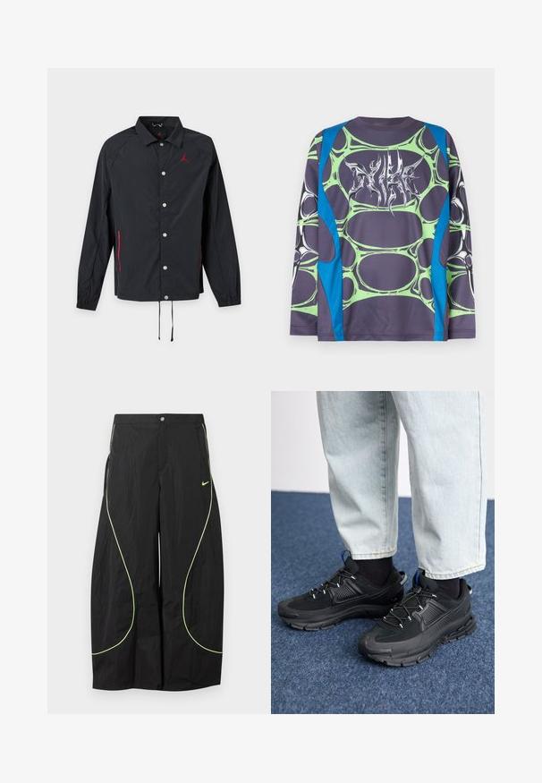 Chaqueta negra de manga larga con botones de presión, cuello, logo rojo en el pecho, detalles de cremallera roja en los bolsillos y cordones en el dobladillo.; Camisa de manga larga hecha de tela suave, con base gris oscuro, patrones verdes tipo burbuja y acentos azules. En el frente tiene un gráfico estilizado en blanco.; Pantalones anchos negros de Nike con ribete curvado en verde neón y pequeño logo de swoosh de Nike en el muslo derecho, cierre de botón y cremallera en la cintura.; Zapatillas deportivas negras con tejido texturizado y suelas de goma, con cordones elásticos y un acento azul en el talón. Combinadas con pantalones de mezclilla claros.